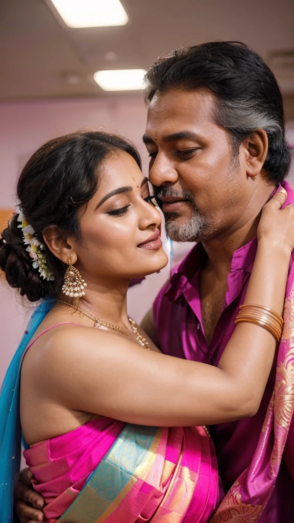 A 50-year-old man  affectionately hugging and kissing on lips of a radiant, full-figured South Indian  45 year old very beautiful bride wearing a  pink silky saree and blue blouse in  office, other people cheering next to them, captured in a full-body image with vibrant hues and meticulous details. Full body image