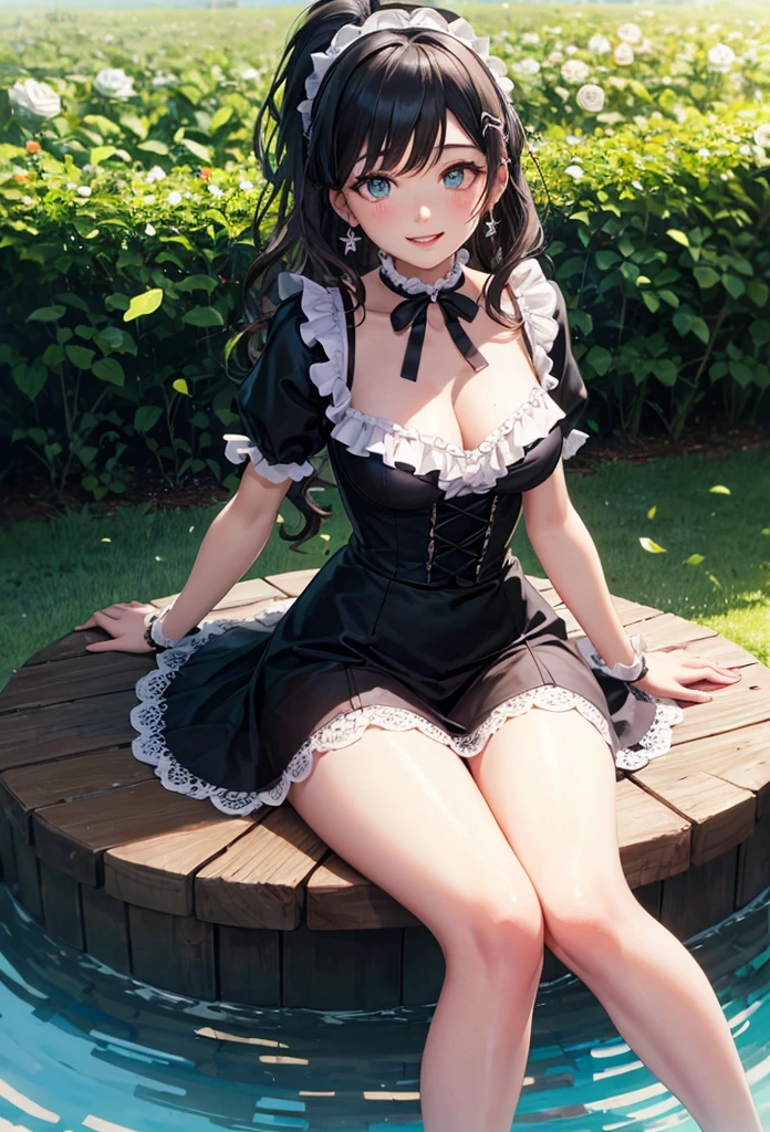 A beautiful girl in a black dress sitting on a wooden platform, anime girl, rose garden, beautiful and sunny day, black lolita dress with lots of ruffles, floral print dress, short sleeve, lolita choker, low-cut chest, big round breasts, white lace thigh-high stockings, black lolita shoes, dark brown hair, gradient bangs, french braid, long hair, ponytail, wavy hair, swept bangs, shiny hair, hairclip, hair ribbon, hair flower, jewelry, lolita hairband, aqua eyes, glowing eyes, pupils sparkling, earrings, light smile, blush, happy, red lips, slim waist, shapely legs, beautiful thighs, princess dress, short skirt, high detail, anime, dithering, image fill, perspective, Wide-Angle, f/1.8, 85mm, Sony FE GM, 8k, 8k wallpaper, super detail, highly detailed CG, UHD, retina, masterpiece, accurate, anatomically correct, textured skin, highres, best quality:1.3, 16k