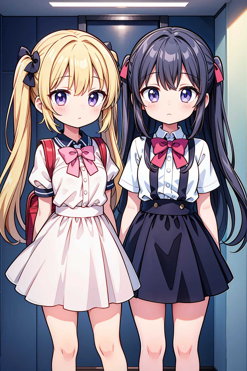A masterpiece of two beautiful anime girls standing together, one with a backpack and a bow tie, in an anime moe artstyle. The scene should be in the style of Kantai Collection and Yuruyuri, with an ecchi anime influence. Both girls should have a cute anime style, with twintails and charming expressions. The image should be ultra detailed and of the best quality, capturing the essence of a cute anime visual. This artwork should be inspired by Jin Homura.