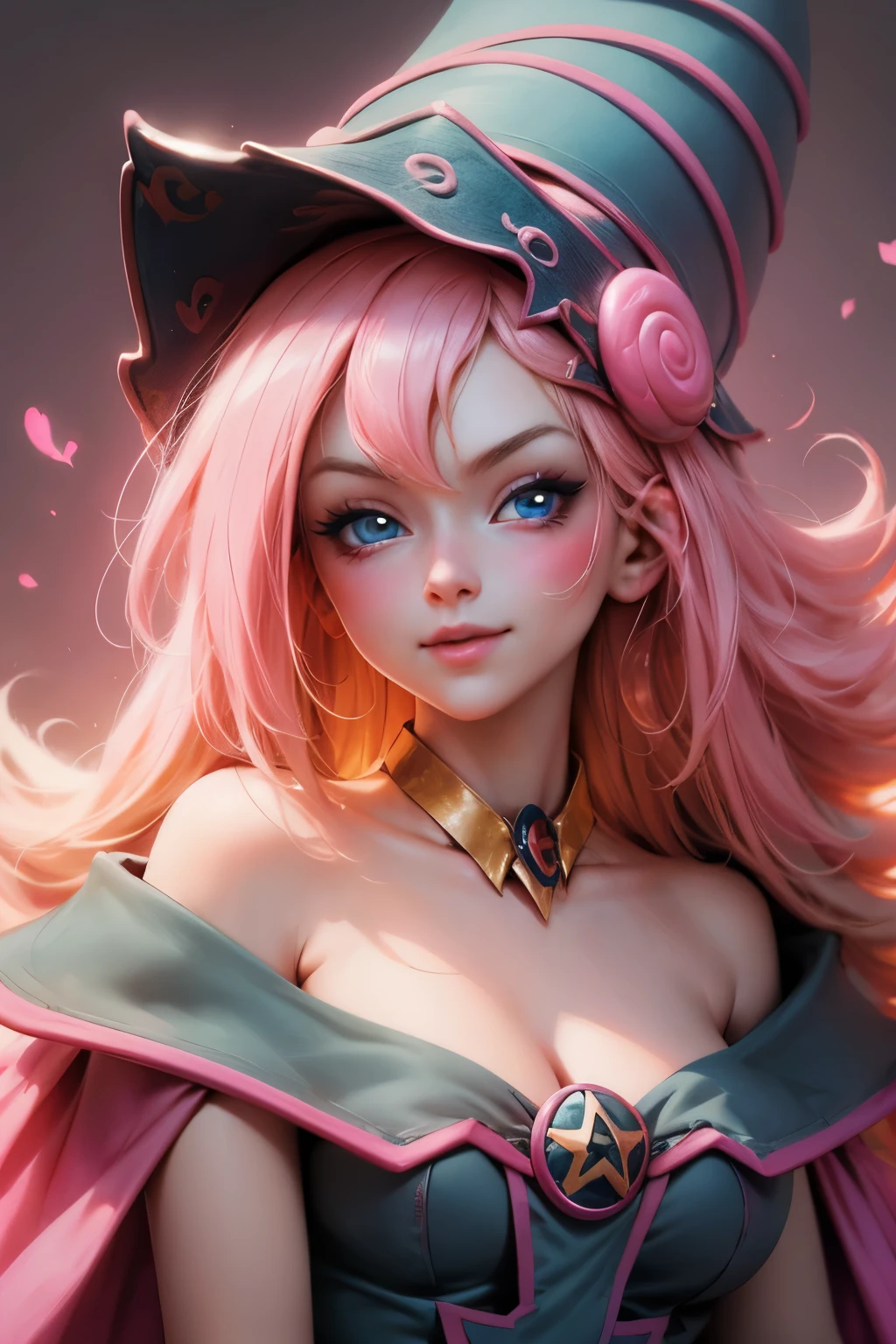 Beautiful face of dark wizard gils., blue eyes. pink lips. long blonde hair. exposed shoulders, angelic smile, beautiful well detailed face of dark wizard gils. blowing a kiss. and winking. She is flirtatious with the viewer.