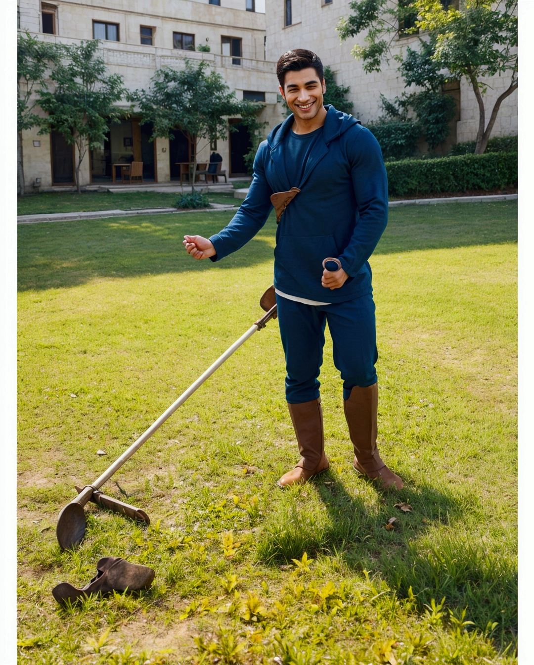 leaves the clothes exactly the same. make the man smiling and a little muscular