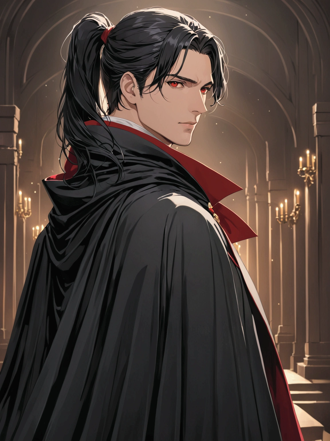 ((masterpiece)), ((best quality)), (from front:1.2), (half-body shot:1.4), 1man, adult man, solo, ponytail tied long black hair, red eyes, loose black cloak and cape, looking at viewers