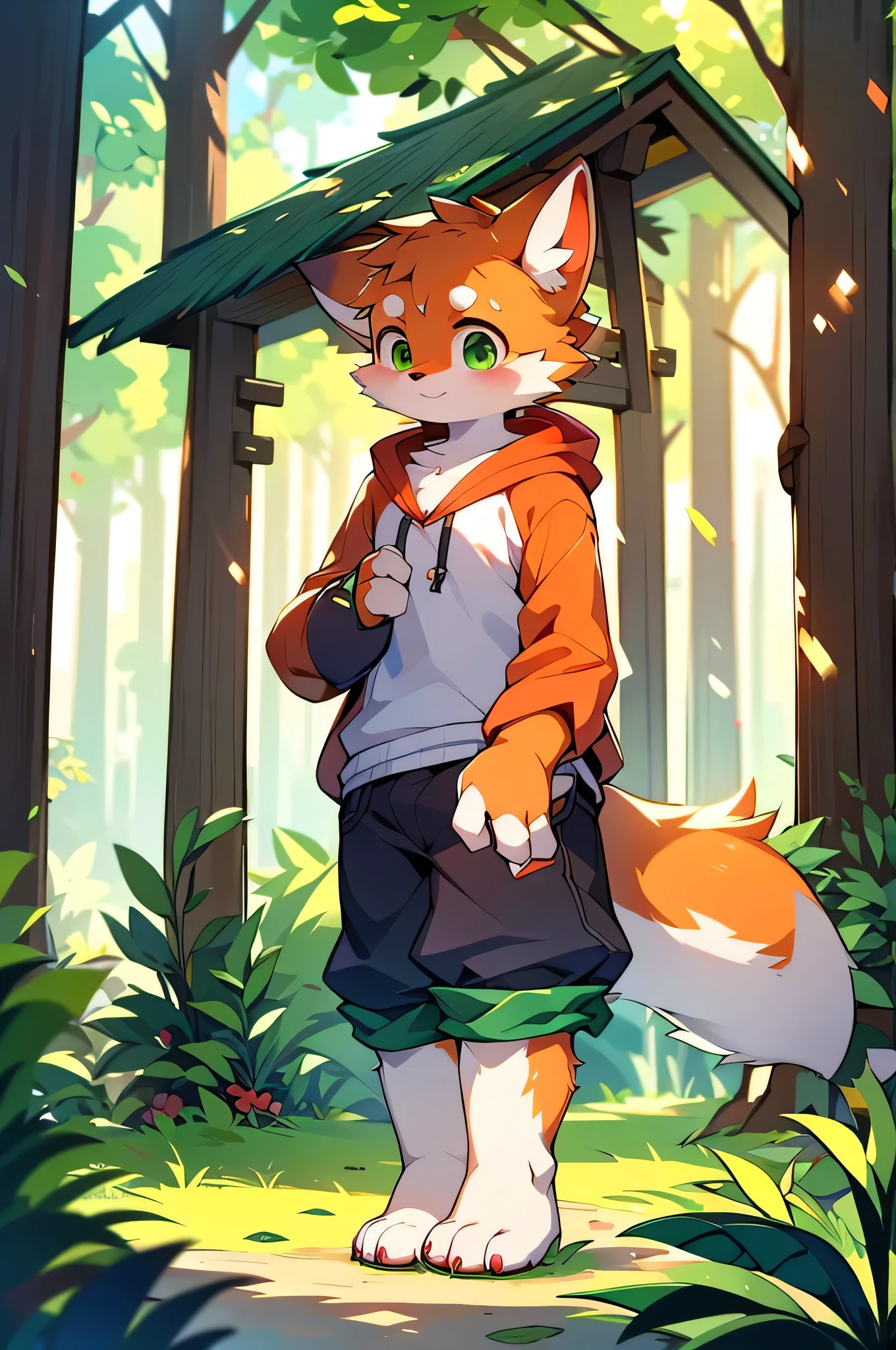 Furry,Fox,boy,8k resolution,最High resolution, High resolution,Wearing a hoodie,Green Eyes,summer,Stand on your feet,Two legs,Five fingers on a hand,Five toes,tall,:tall stature,fit,medium,Standard,green fur