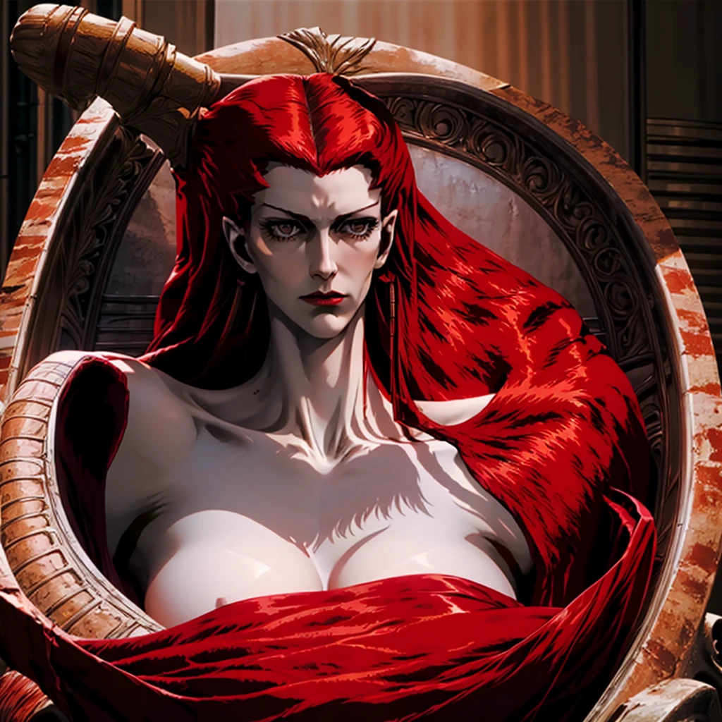 Naked,large breasts,looking at her side profile,beautiful face,bloody,red skin,rising from her tomb,long red hair in dense curls,long slender body,stomach