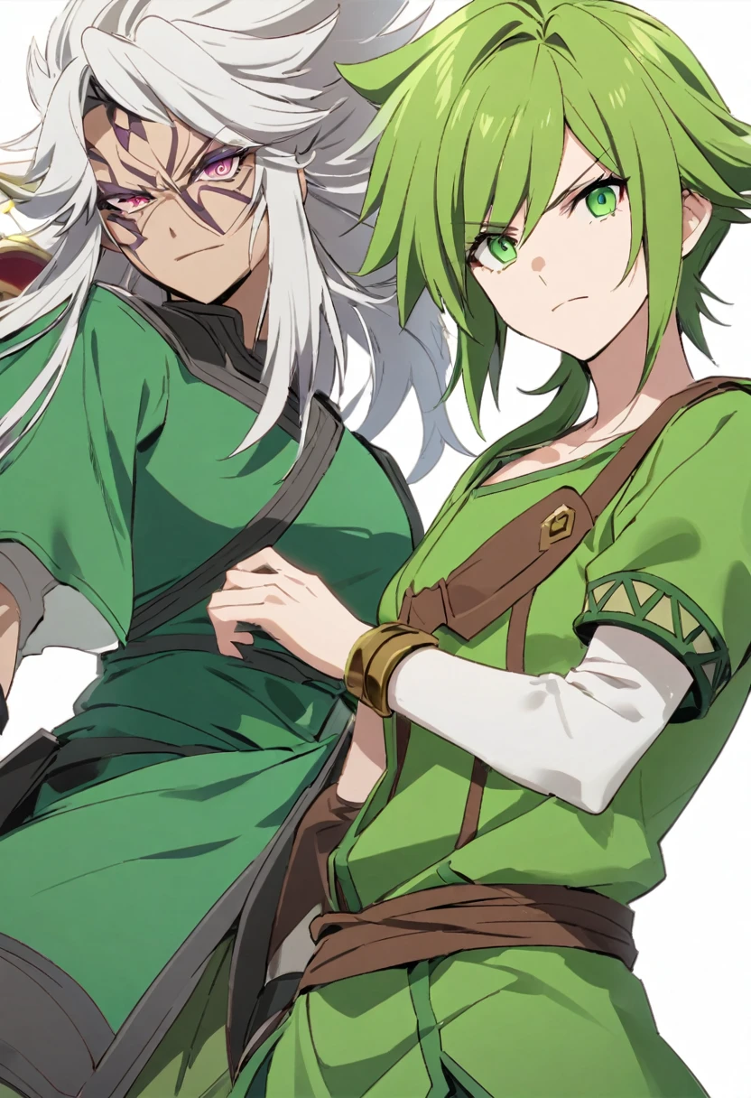 magine uma cena onde Link, with his traditional green tunic, is wearing the Fierce Deity&#39;s Mask. Your tunic now has battlemarks and additional ornaments, with bands around their arms and legs, reminiscent of the Warrior Deity&#39;s armor. His two-handed sword is huge, with runes shining along the blade. Link&#39;s gaze is intense, with shining deep blue eyes, and there is an aura of mystical power around you, highlighting the overwhelming power of the Fierce Deity&#39;s Mask.