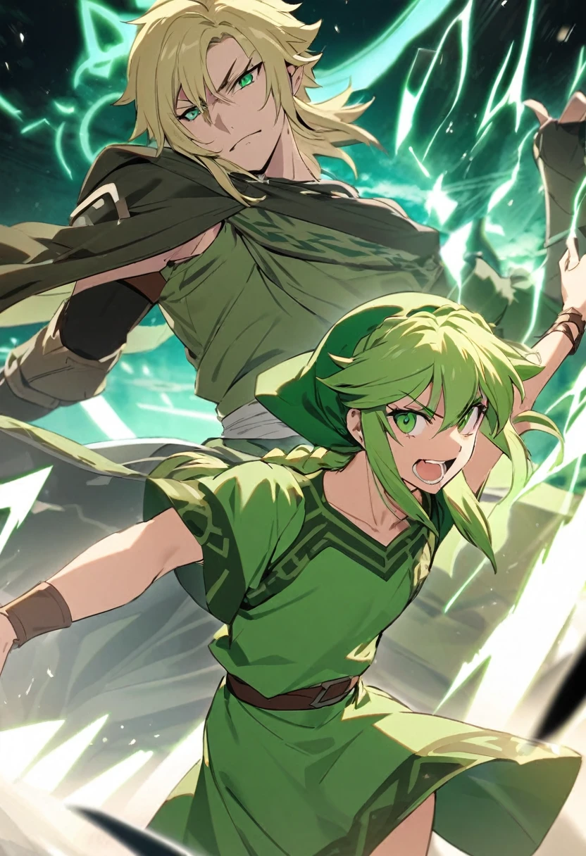 magine uma cena onde Link, with his traditional green tunic, is wearing the  Deity&#39;s Mask. Your tunic now has battlemarks and additional ornaments, with bands around their arms and legs, reminiscent of the Warrior Deity&#39;s armor. His two-handed sword is huge, with runes shining along the blade. Link&#39;s gaze is intense, with shining deep blue eyes, and there is an aura of mystical power around you, highlighting the overwhelming power of the Fierce&#39;s Mask.