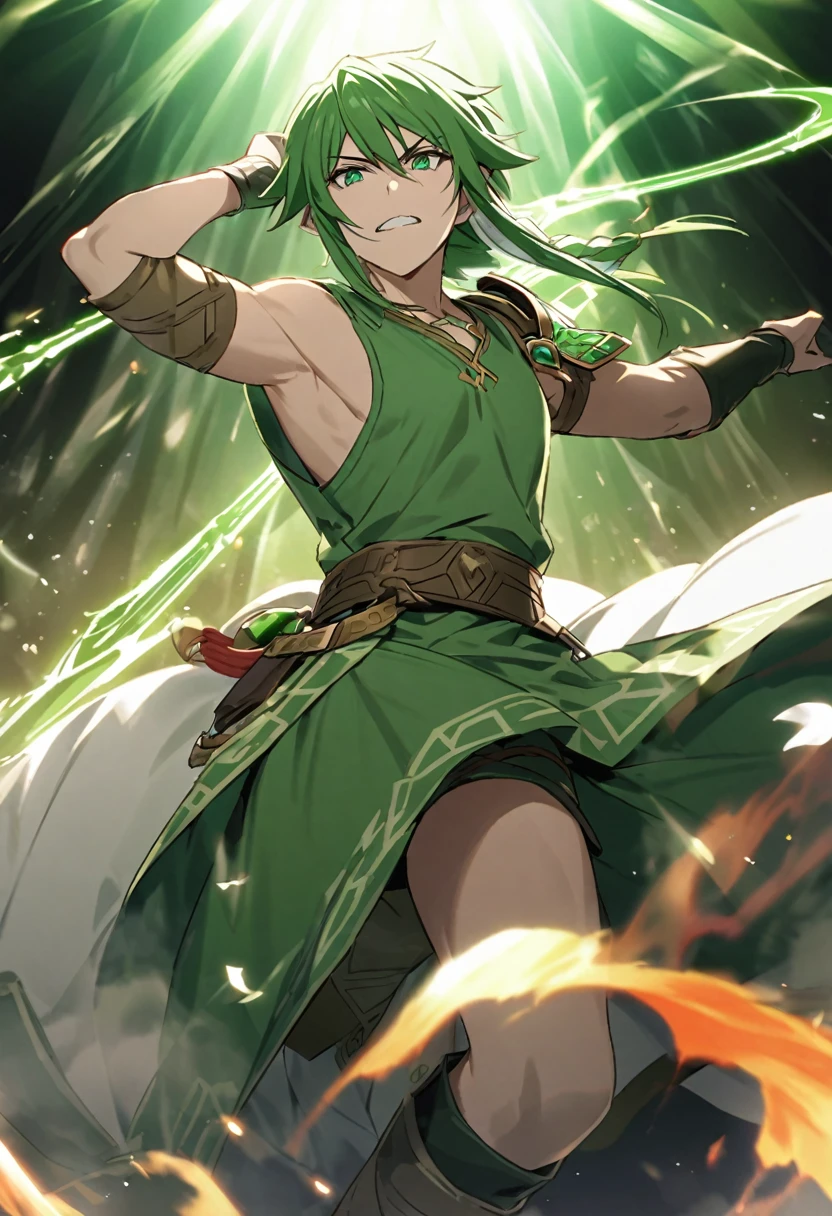 magine uma cena onde Link, with his traditional green tunic, is wearing the Fierce Deity&#39;s Mask. Your tunic now has battlemarks and additional ornaments, with bands around their arms and legs, reminiscent of the Warrior Deity&#39;s armor. His two-handed sword is huge, with runes shining along the blade. Link&#39;s gaze is intense, with shining deep blue eyes, and there is an aura of mystical power around you, highlighting the overwhelming power of the Fierce Deity&#39;s Mask.