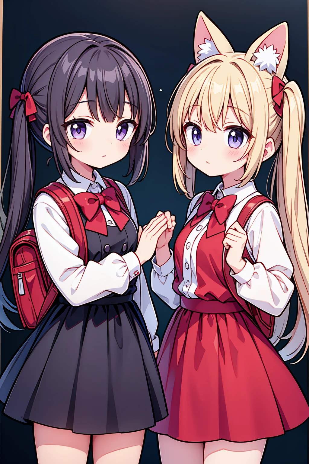 A masterpiece of two beautiful anime girls standing together, one with a backpack and a bow tie, in an anime moe artstyle. The scene should be in the style of Kantai Collection and Yuruyuri, with an ecchi anime influence. Both girls should have a cute anime style, with twintails and charming expressions. The image should be ultra detailed and of the best quality, capturing the essence of a cute anime visual. This artwork should be inspired by Jin Homura.