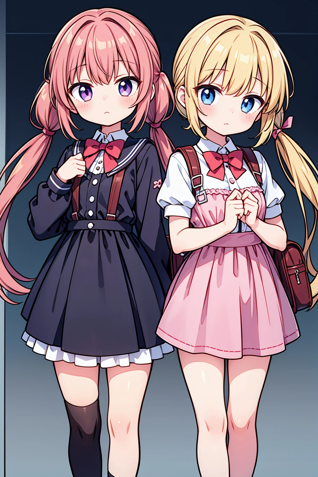 A masterpiece of two beautiful anime girls standing together, one with a backpack and a bow tie, in an anime moe artstyle. The scene should be in the style of Kantai Collection and Yuruyuri, with an ecchi anime influence. Both girls should have a cute anime style, with twintails and charming expressions. The image should be ultra detailed and of the best quality, capturing the essence of a cute anime visual. This artwork should be inspired by Jin Homura.