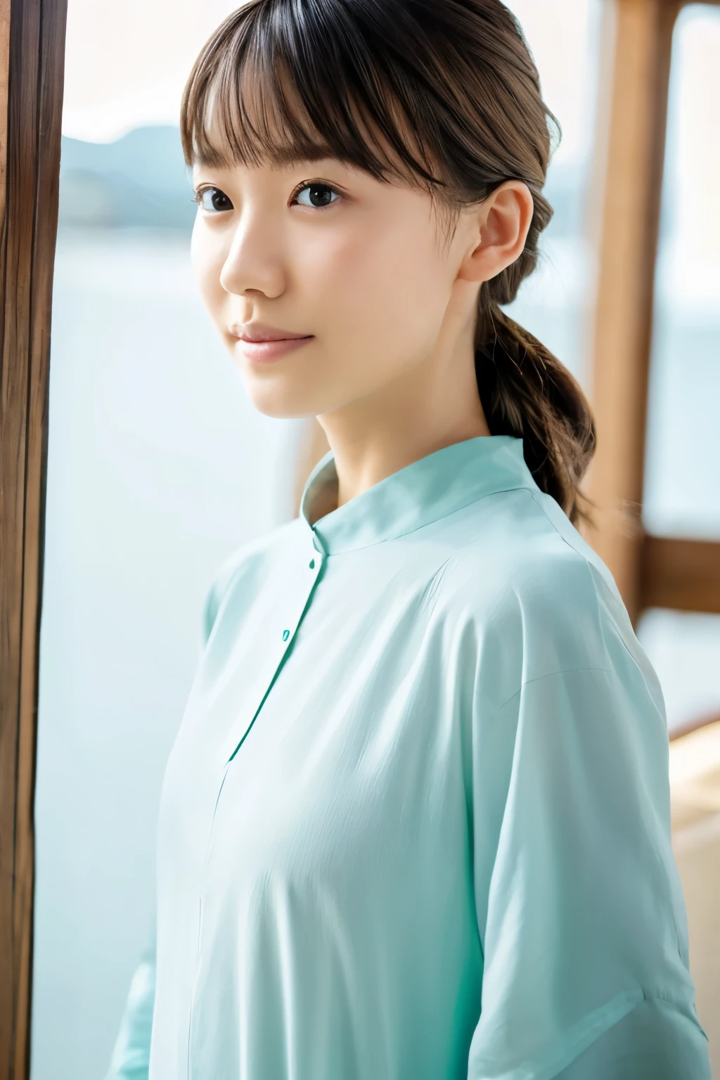 Highest quality, Realistic, Perfect Human Anatomy, Very detailed, Very delicate and beautiful, RAW Photos, Beach, Professional Lighting, Illumination, Depth of written boundary, Single focus, whole body, Skinny Japanese woman, 30-year-old woman, Brown Hair, Small Head, Beautiful Eyes, True Face, Realistic skin, Detailed eyes, (Fashionable hairstyles: 1.3), Sexy pose, Absurd, Unbelievably ridiculous resolution, very nice, blouse