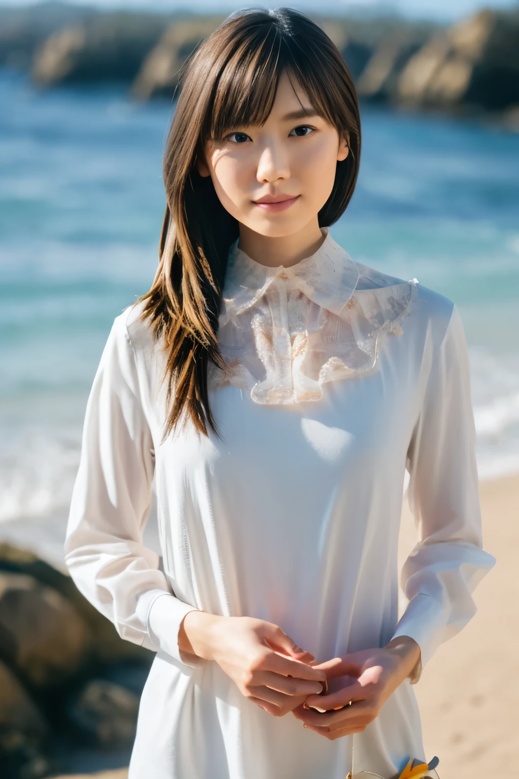 Highest quality, Realistic, Perfect Human Anatomy, Very detailed, Very delicate and beautiful, RAW Photos, Beach, Professional Lighting, Illumination, Depth of written boundary, Single focus, whole body, Skinny Japanese woman, 30-year-old woman, Brown Hair, Small Head, Beautiful Eyes, True Face, Realistic skin, Detailed eyes, (Fashionable hairstyles: 1.3), Sexy pose, Absurd, Unbelievably ridiculous resolution, very nice, blouse