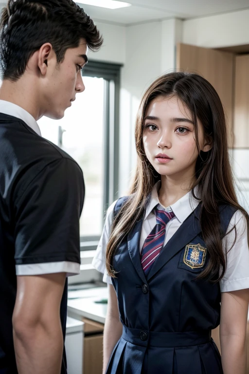 A young woman standing in front of another young man, both wearing school uniforms, They're looking at each other, they are 17 years old, they are Brazilians((detailded)) 