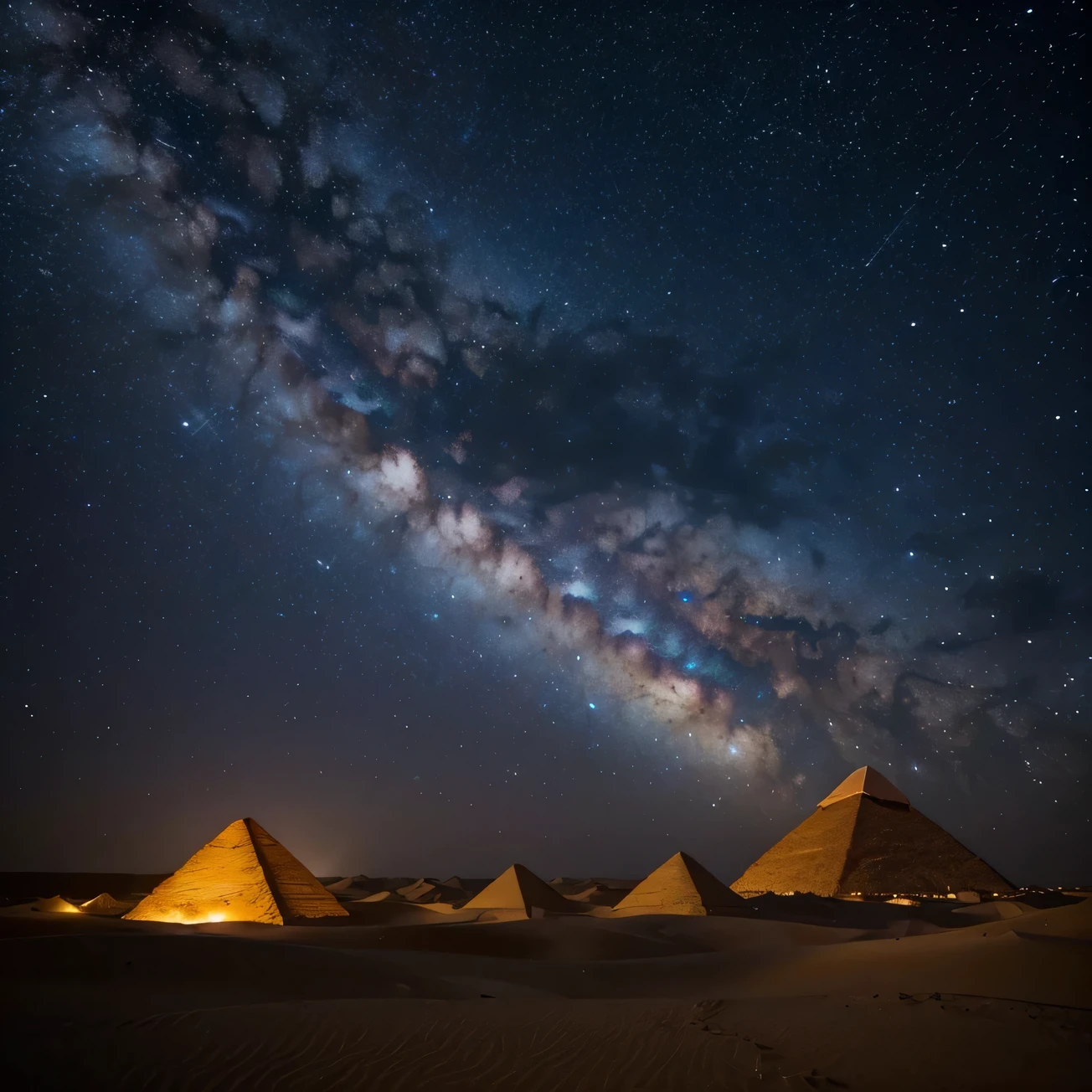 create a photo of the desert at night with sand dunes and the pyramids of Egypt with many stars in the sky and you can see the galaxies too 