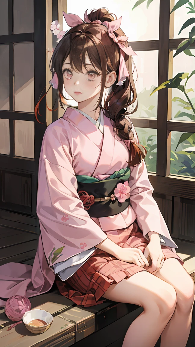 masterpiece, Highest quality, High resolution, Venus 1, One girl, alone, Tsuko Kamato, bamboo, gag, hair (brown), Plaid belt, gag, gag, Gradient hair, hair ribbon, Haori, Japanese Clothing, Very short kimono, Long hair, Looking at the audience, Multicolored hair, Pink Eyes, Very short pink kimono, Pink ribbon, ribbon, alone, (((masterpiece)), amount, Sitting, She's cute when she puffs out her cheeks, Eyes Wide Open,