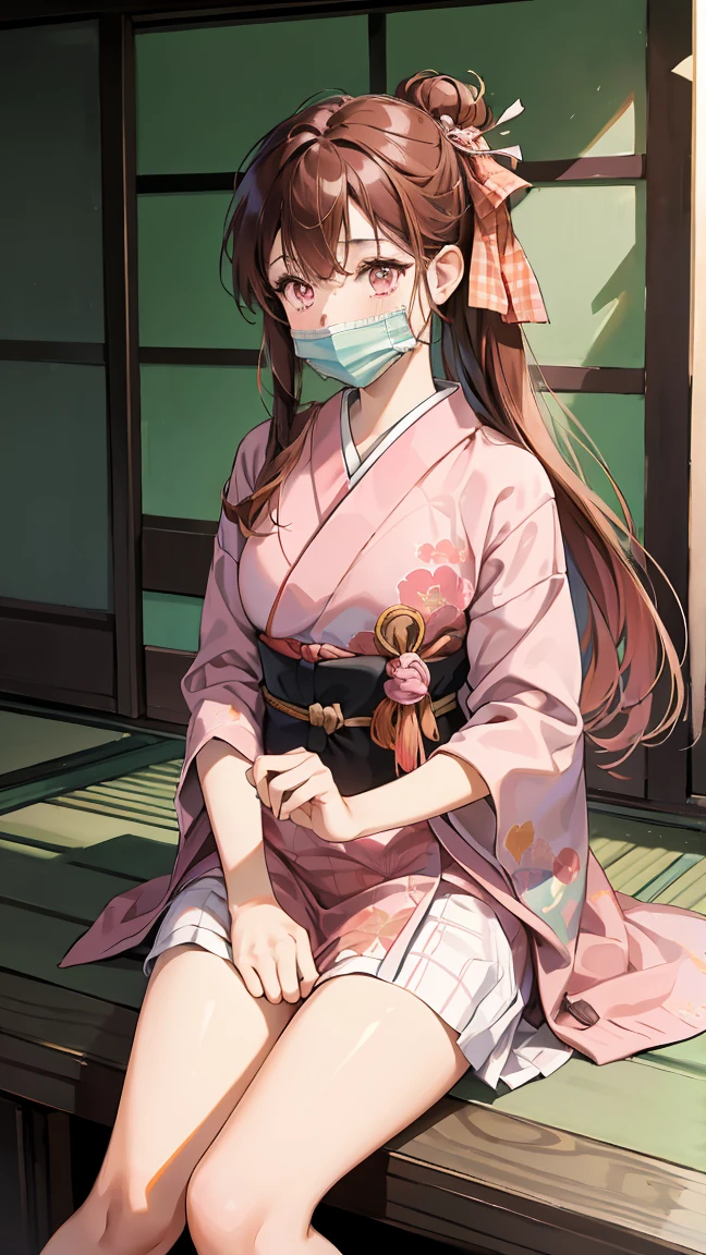 masterpiece, Highest quality, High resolution, Venus 1, One girl, alone, Tsuko Kamato, bamboo, gag, hair (brown), Plaid belt, gag, gag, Gradient hair, hair ribbon, Haori, Japanese Clothing, Very short kimono, Long hair, Looking at the audience, Multicolored hair, Pink Eyes, Very short pink kimono, Pink ribbon, ribbon, alone, (((masterpiece)), amount, Sitting, She's cute when she puffs out her cheeks, Eyes Wide Open,