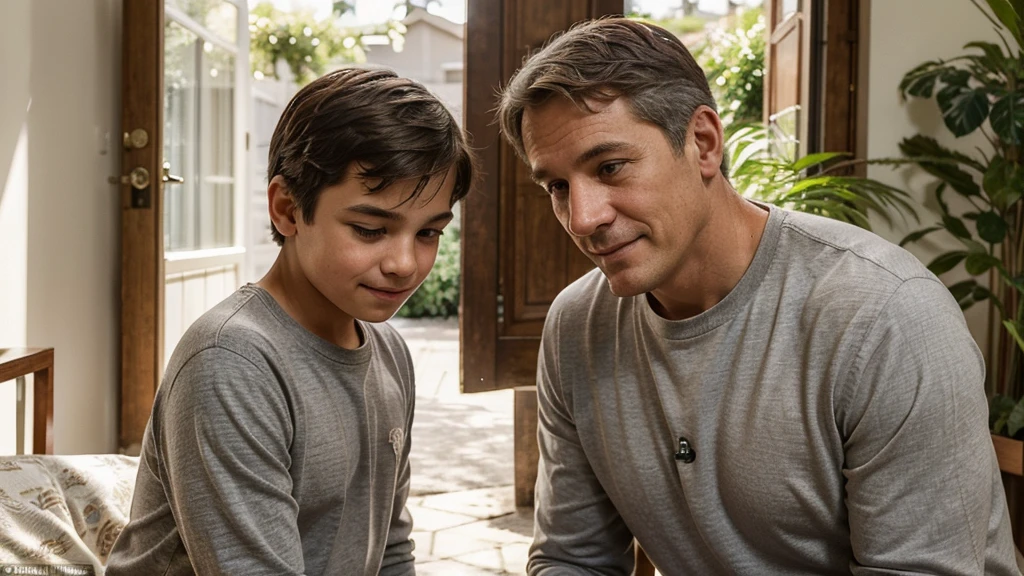 - Good: He's a middle-aged man, with gray hair and wearing a casual long-sleeved shirt. His face displays a mixed expression of curiosity, paternal pride and perhaps a slight touch of concern. He is discreetly observing the interaction between his son and the woman, with a discreet smile on his lips.
- Oldest son: He's a young adult, probably in their 20s or 30s, with similar traits to his father. He is holding hands with his wife, showing affection and connection. Your face radiates happiness and enthusiasm when being with her.
- Woman: She is young and has a warm and friendly appearance. Is close to the eldest son, looking at him with a kind and genuine smile.
enviroment:
- The scene takes place in a warm and familiar environment, perhaps in a bright living room or outdoor garden during the day. The soft light highlights the characters' facial expressions and creates an atmosphere of intimacy and human warmth.
The image captures the moment of a father observing with tenderness and a bit of nostalgia the growth and love choices of his eldest son., with feelings of love and concern mixed in your eyes.