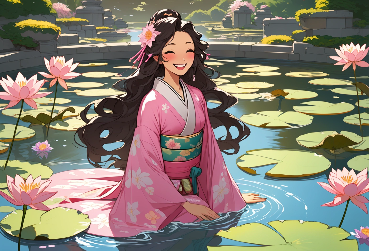 NijiEX style. A Japanese princess himesama, long curly hair, pink kimono, splashing in a lily pond, laughing.