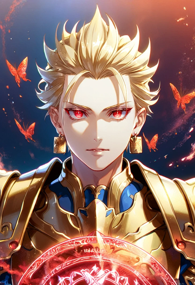 absurd resolution, high resolution, ultra detailed, detailed eyes, extremely detailed, HDR, 8K, Gilgamesh, blonde slicked up hair, expressive red eyes, Fate Extra ccc, solo, sexy man, handsome, armor, golden earrings, fantasy, cool, magical, mana, red magic circle, red glittering butterflies, red dust flying around, red spider lilies