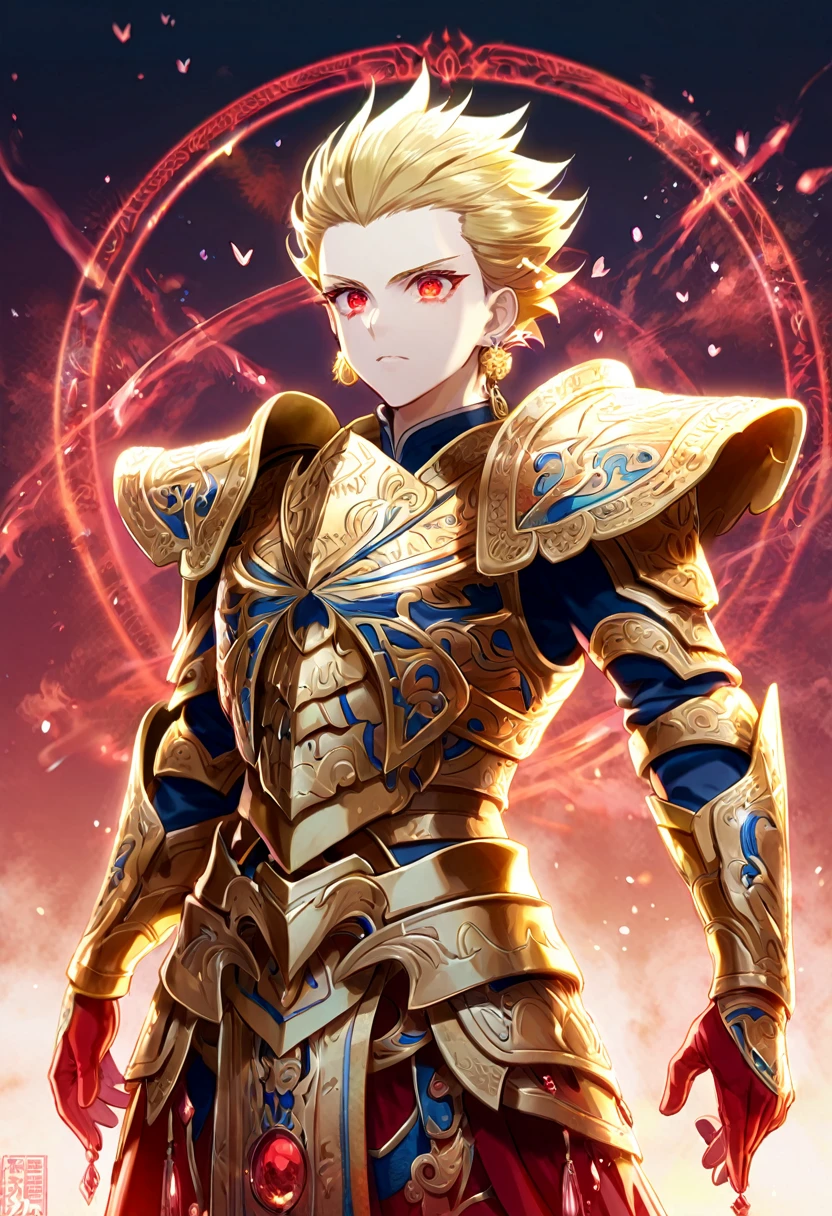 absurd resolution, high resolution, ultra detailed, detailed eyes, extremely detailed, HDR, 8K, Gilgamesh, blonde slicked up hair, expressive red eyes, Fate Extra ccc, solo, sexy man, handsome, armor, golden earrings, fantasy, cool, magical, mana, red magic circle, red glittering butterflies, red dust flying around, red spider lilies
