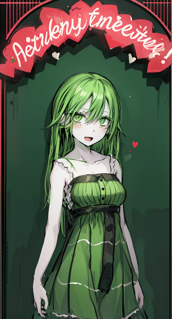 1girl ,green eyes,green hair,short maid dress ,pale skin,(high resolution, high detail, best quality),
open mouth,smile,happy, blushes, gluttonous, medium breasts