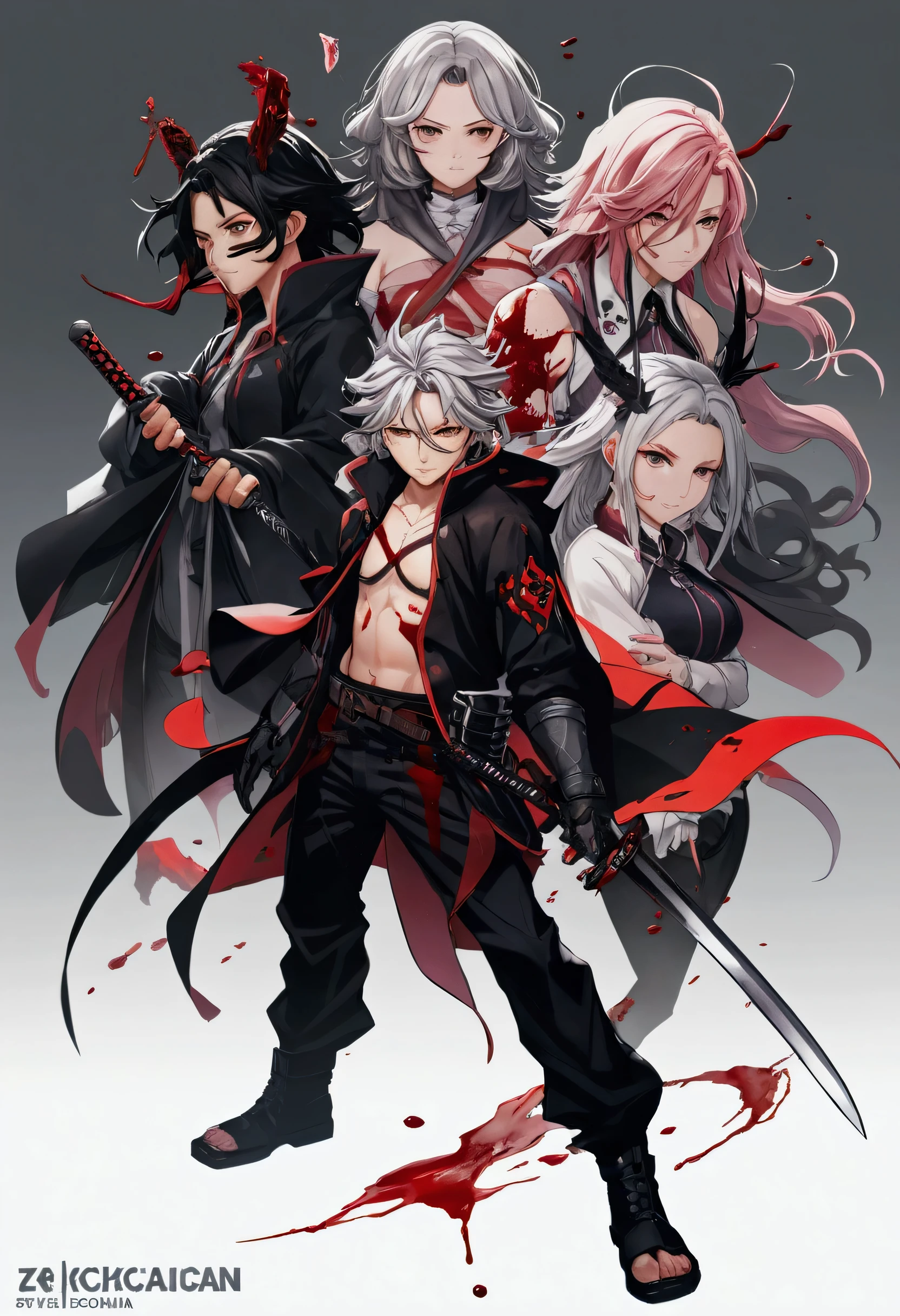 anime characters with swords and blood on a gray background, badass anime 8 k, from arknights, demon slayer artstyle, official fanart, official anime artwork, high detailed official artwork, best anime 4k konachan wallpaper, detailed fanart, by Yang J, anime fantasy illustration, detailed key anime art, zerochan art, anime illustration, 4k, sangat detail, tidak cacat, gambar sempurna, tidak ada tulisan, tidak cacat