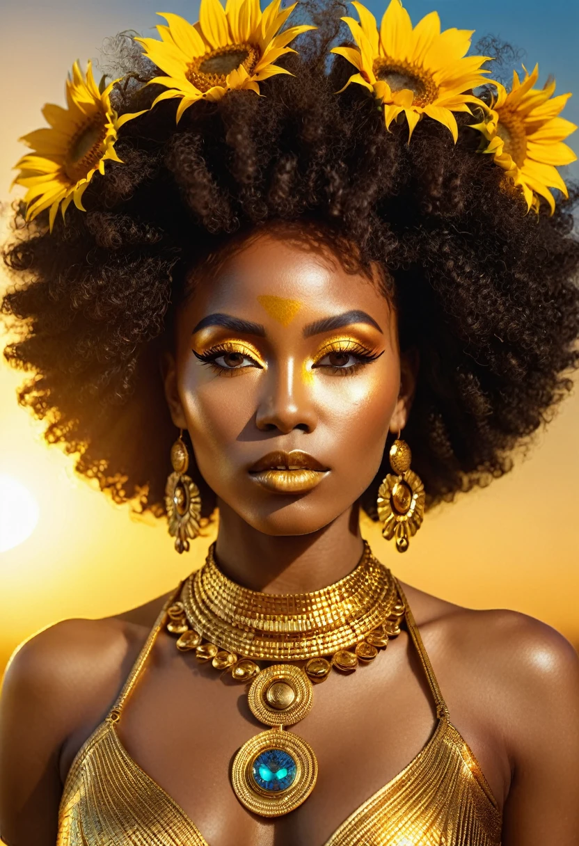 a woman with afro and gold jewelry, a Chinwe Chukwuogo-Roy portrait, afrofuturism, like the sun goddess, sun goddess, the sun queen, high definition, NFT, Dominant, haughty, powerful, empowered, lit by the Sun, radiant beauty, exuberantly majestic, sunflower eyes , golden skin, extreme glamour