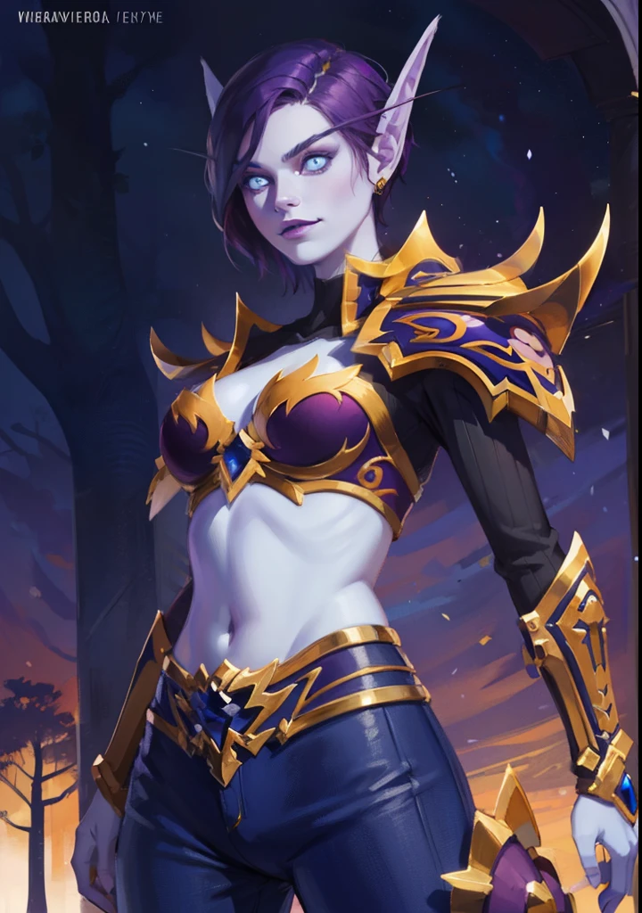(8K, RAWphotograph, highest quality, masterpiece:1.2), High resolution, Super detailed, intricate details, disorganized, masterpiece, break , beautiful detailed woman, beautifully detailed mouth, highly detailed eyes and face, beautiful and fine eyes, (1girl, purple hair, short hair, spiral eyes, smirk) (digital) (looking at viewer) (body facing viewer) (standing), (Purple Forest background), (purple pants) (blue tuxedo)) , best quality, blue eyes, pointy ears, colored skin, blue skin, armor, Purple armor, gold trim, cover navel, voidelf