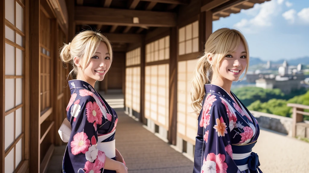 A lone courtesan broadcasts live from Himeji Castle.。Blonde ponytail。Sexy smile、front、yukata、Light clothing、Single