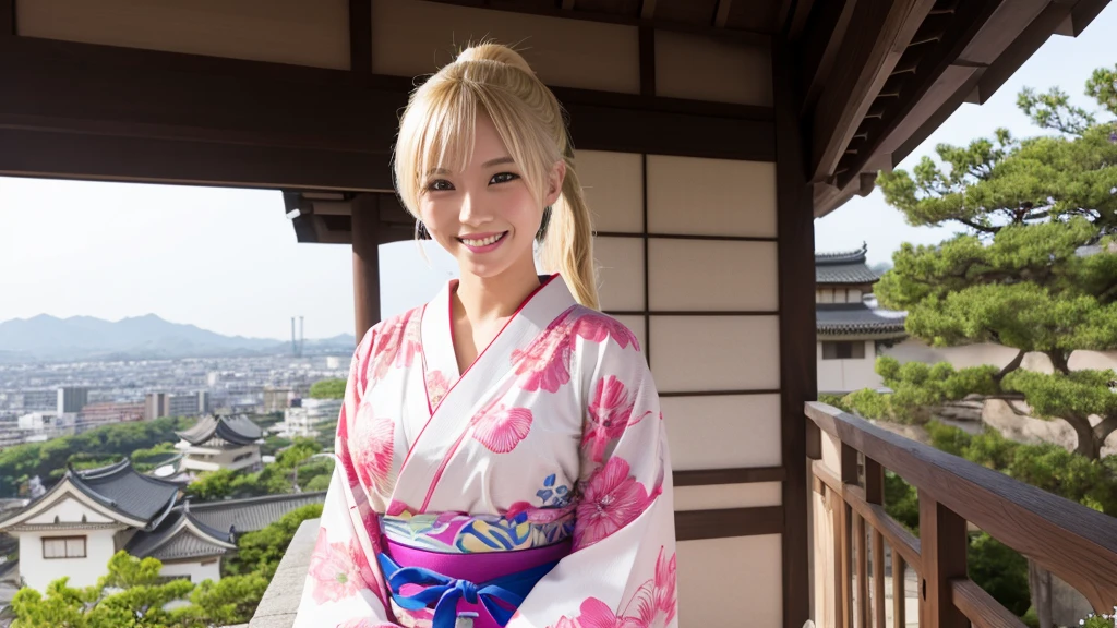 A lone courtesan broadcasts live from Himeji Castle.。Blonde ponytail。Sexy smile、front、yukata、Light clothing、Single