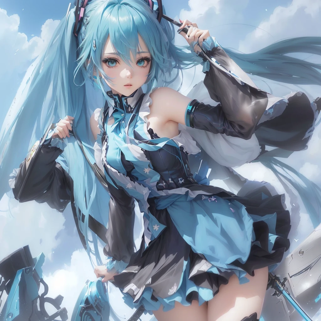 Anime girl with blue hair and a blue dress holding a sword, Anime Style 4k, hatsune Miku, portrait of hatsune Miku, hatsune Miku portrait, Nightcore, Miku, anime art wallpaper 4k, anime art wallpaper 4k, Vocaloid, Turquoise hair anime girl, Anime Art Wallpapers 8K, anime wallpaper 4k, anime wallpaper 4k