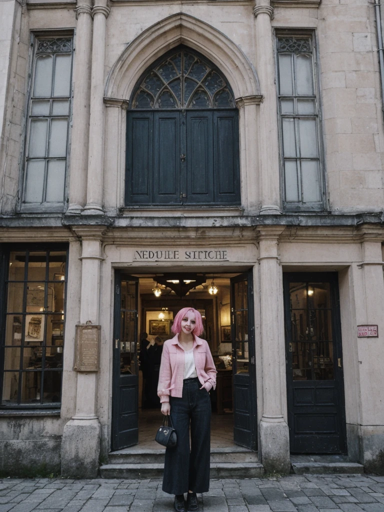 her name is Amelie, high quality, 1girl, ((25-year-old fit Caucasian woman)), ((25 years old)), ((BODY TYPE: HOURGLASS)), ((Grunge Bob pink hair)), smiling, pose: standing, wearing SOPHISTICATED courant Generation-Z modern wear bright colored, BACKGROUND:  "Exploring the historic Sablon district at night, with its elegant buildings, antique shops, and beautiful church illuminated."