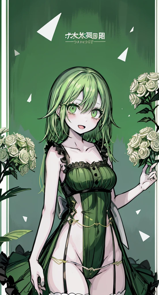 1girl ,green eyes,green hair,short maid dress ,pale skin,(high resolution, high detail, best quality),
open mouth,smile,happy, blushes, gluttonous, medium breasts