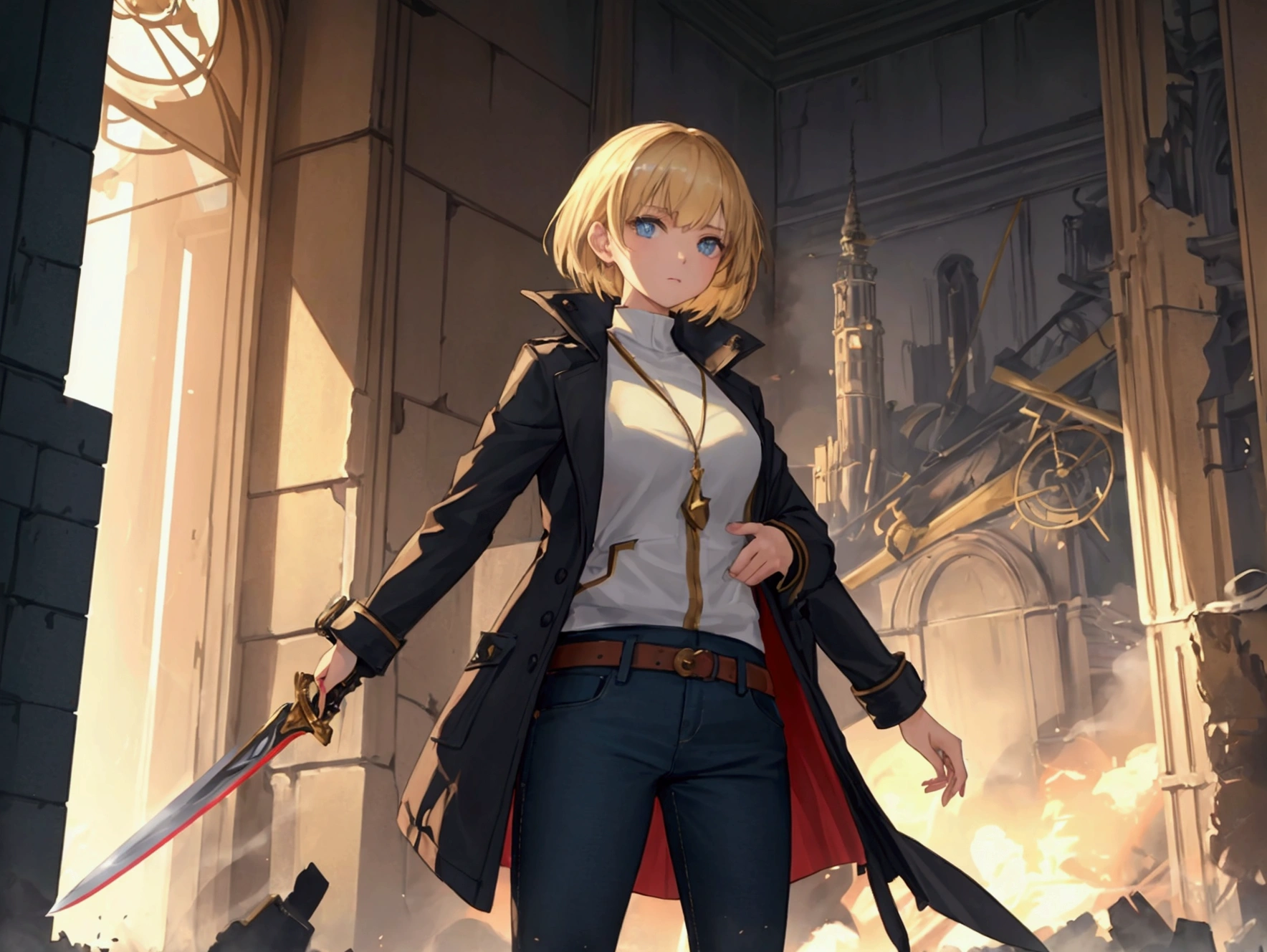 A young woman with short, light hair, one pants and jacket, In her left hand she carries a short sword while her right hand is free. In front of it is a huge golden clock showing 15 hours and behind it is a modern, destroyed city.. impact, bright lights, cell shading, bright coloured, smoke, destroyed city, Raby, gotas de Raby, master piece, Cellular lighting,