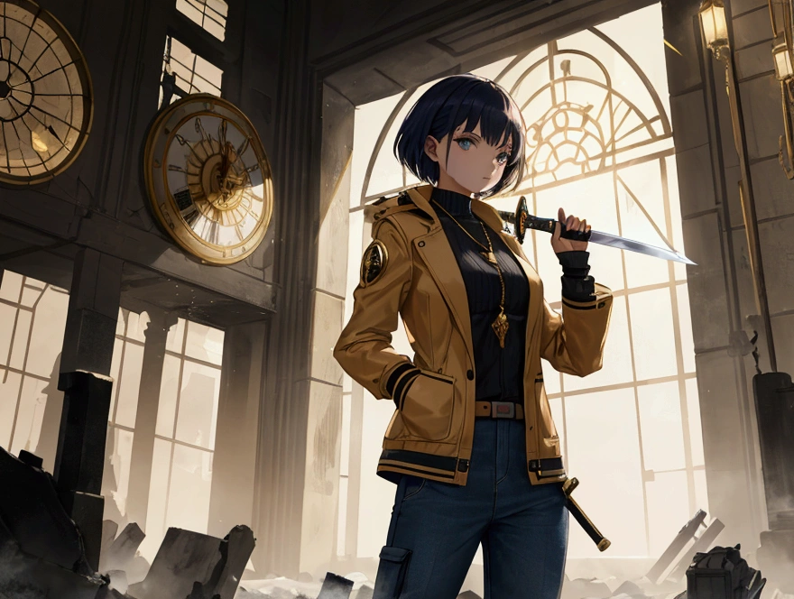 A young woman with short, light hair, one pants and jacket, In her left hand she carries a short sword while her right hand is free. In front of it is a huge golden clock showing 15 hours and behind it is a modern, destroyed city.. impact, bright lights, cell shading, bright coloured, smoke, destroyed city, Raby, gotas de Raby, master piece, Cellular lighting,