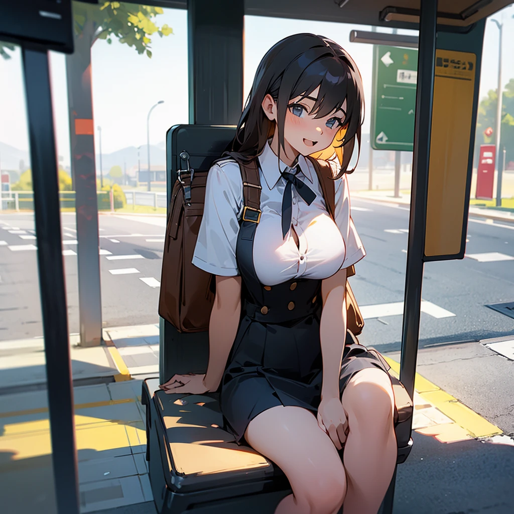 An excited girl waiting for the bus stop sitting naked showing her big breasts and tits 