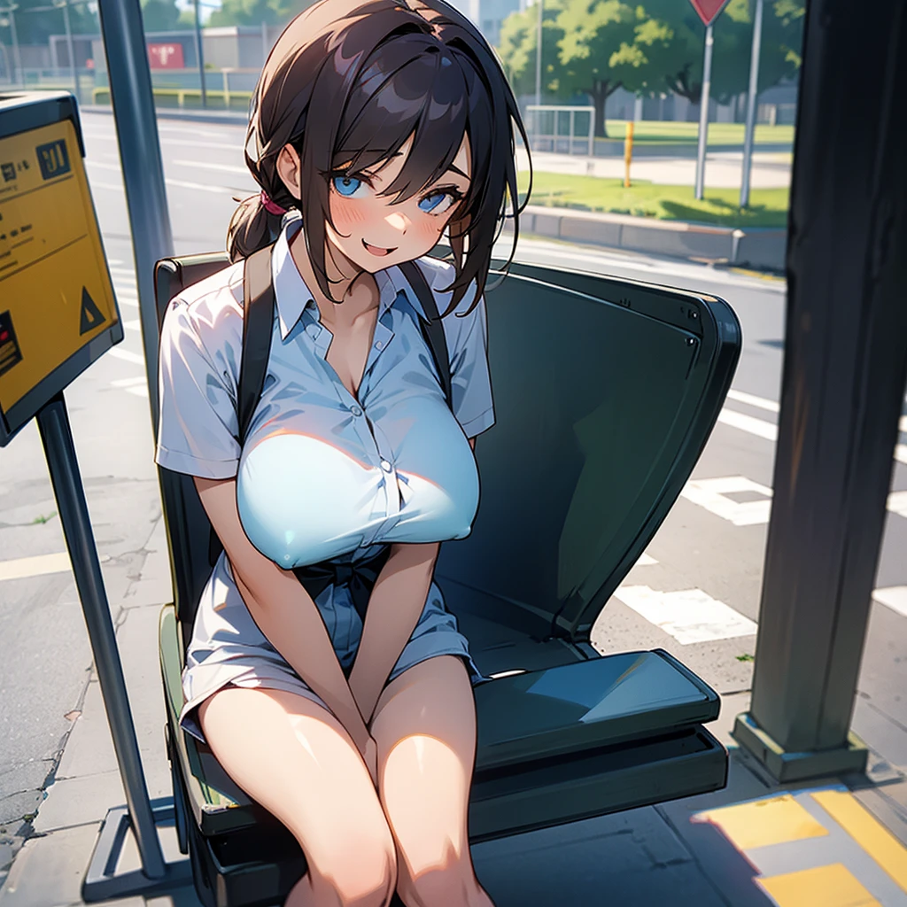 An excited girl waiting for the bus stop sitting naked showing her big breasts and tits 