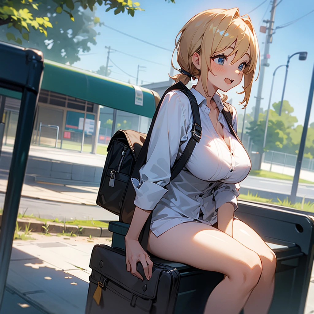 An excited girl waiting for the bus stop sitting naked showing her big breasts and tits