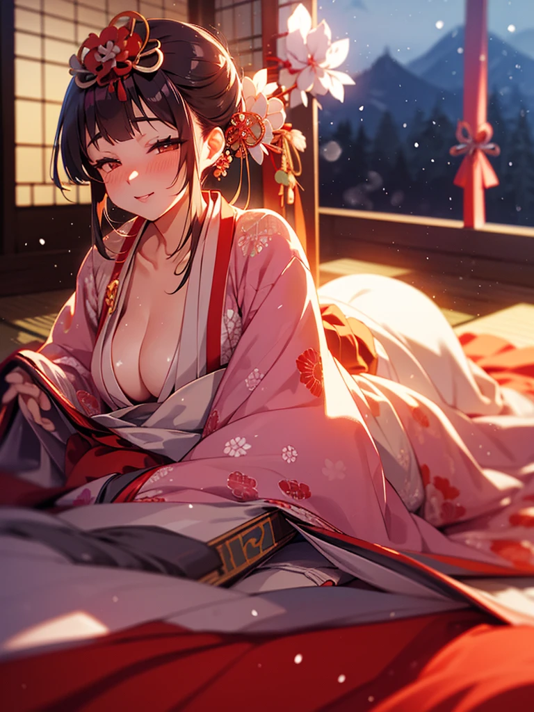 (Sumilux f1.4 50mm , low Latitude old color negative film , cross process , bokeh, flare, chromatic aberration , soft focus, (Shallow focus) , soft glow , Maximum aperture, High Key , Transparent depiction) , kawaii hentai anime , Elegance erotica , Japanese Heian period , Shrine maiden girl, kitsune mask , (round Maro eyebrows) , kimono , (Peony flowers blooming:0.8) , Snow is falling , steamy breath , Kagura Dance , passion , Drinking amazake , Drunkard , seduce , Hyakki yagyo emaki , Demons and monsters run rampant , Clothes come undone , semi nude , on the futon , bare Cleavage