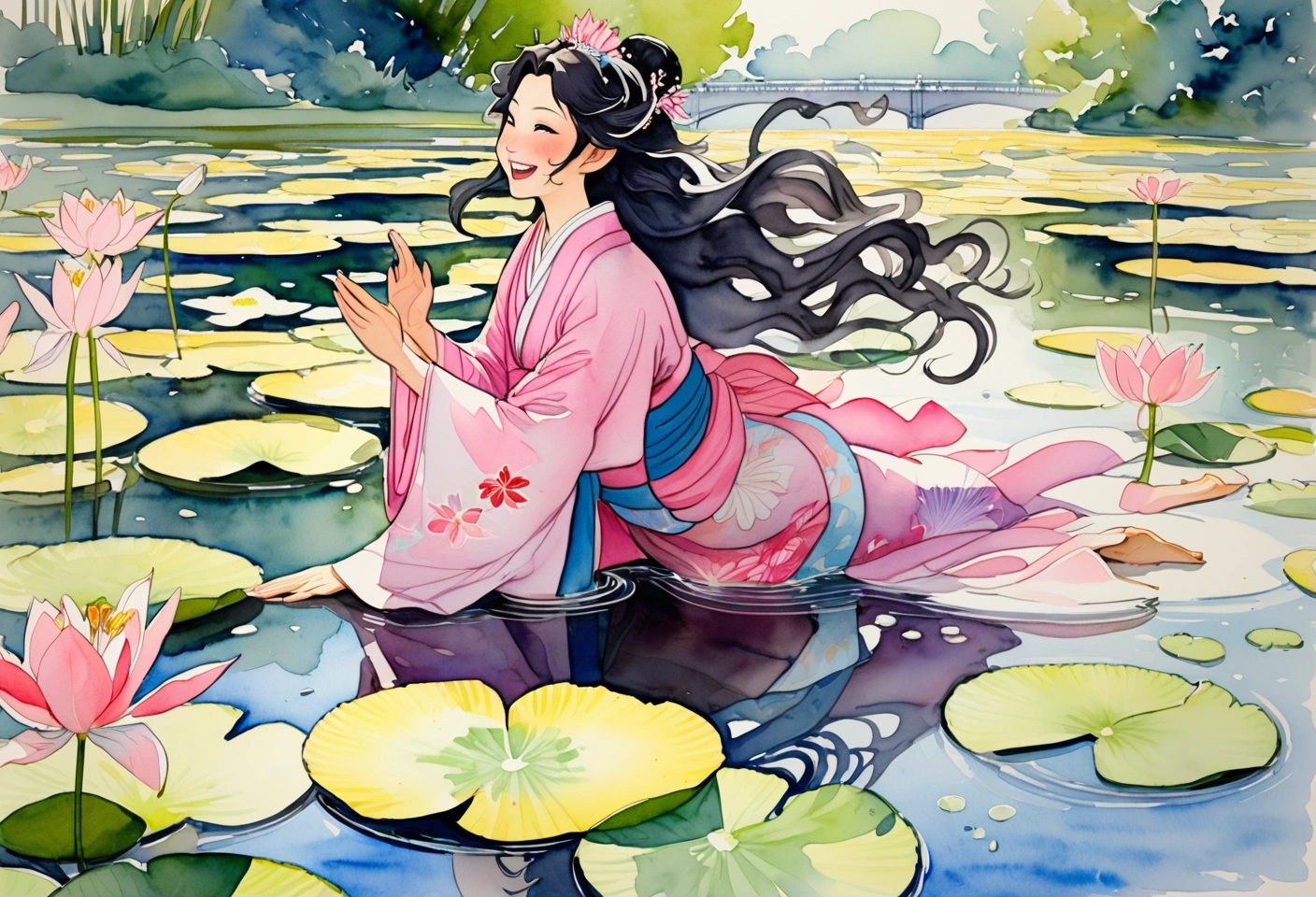 Watercolor, anime artwork. Profile of a Japanese princess himesama, long curly hair, pink kimono, running in a lily pond, laughing.