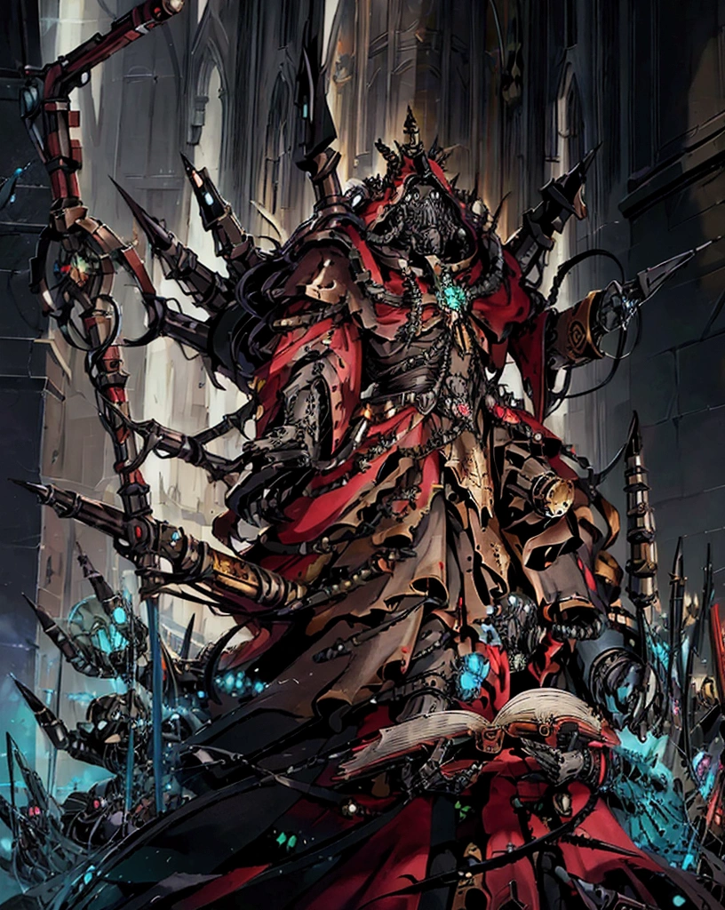 make a character for my rpg game, adeptus mechanicus imponente, he must wear armor, he is holding a book, detailed outfit, holding a staff, filled with implant, dark cathedral background (detailed back ground), robotic priest with armor.