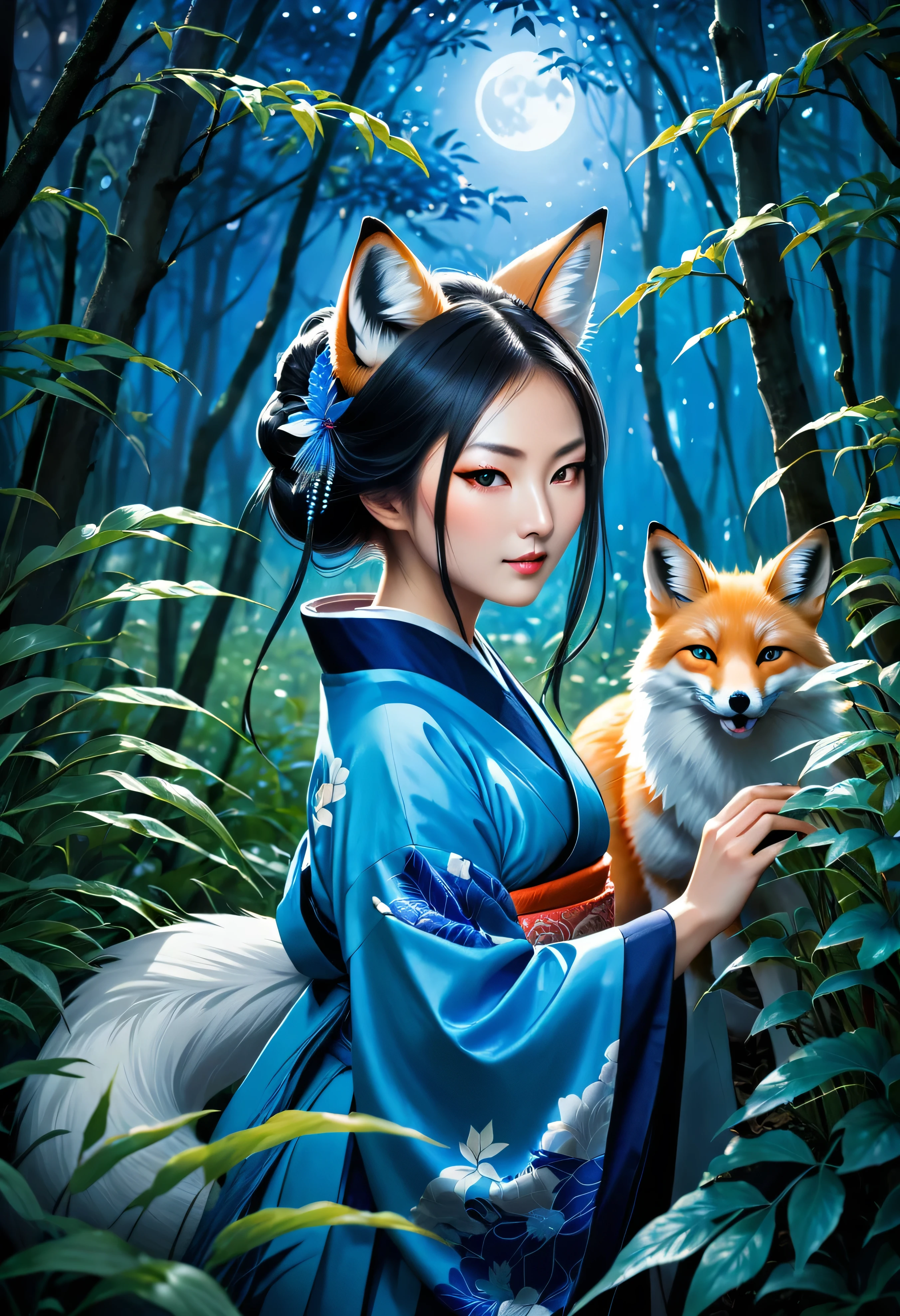 Masterpiece, Extremely detailed, beautiful, perfect face e, close distance shot, (A beautiful kitsune woman peering through the leaves in a dense forest) , {she is surrounded by motes of blue fire}, facing viewer, (dynamic pose) , fox ears, nine fox tails, traditional Japanese clothing. Japanese sandels, ((vegetation in the forground, dew, subject partially obscured by vegetation)) , ((moonlit night))