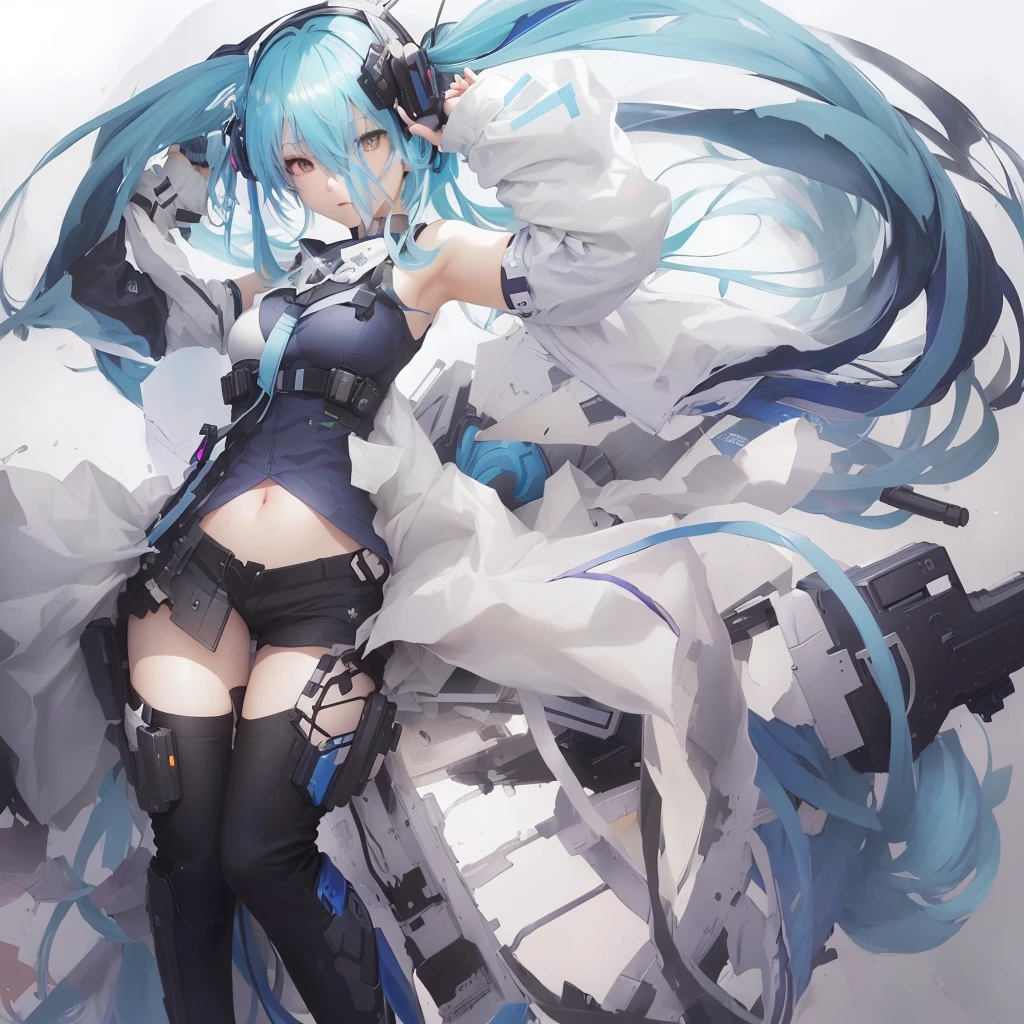 Blue hair and black pants、Anime girl holding a gun, Zerochan Art, digital art on Pixiv, Pixiv, by Shimo, High-resolution anime art, anime abstract art, Pixiv contest winner, HD artwork, Miku, Anime artwork, beautiful Anime artwork, hatsune Miku, Pixiv 3dcg, top rated on Pixiv