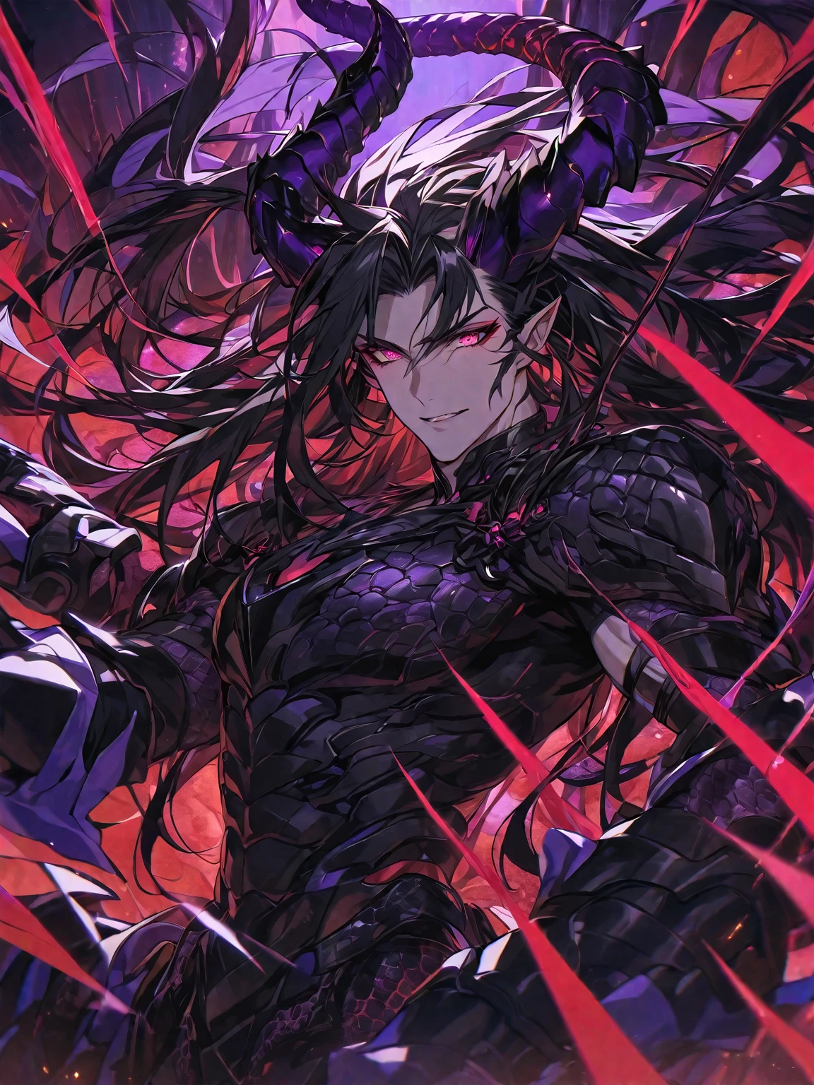 One, handsome, 1 man, with a sporty body, V-shaped body, black detailed armor with glowing purple details, black demonic horns, long hair, black hair, purple with red tones of reptile eyes, purple threads, black light