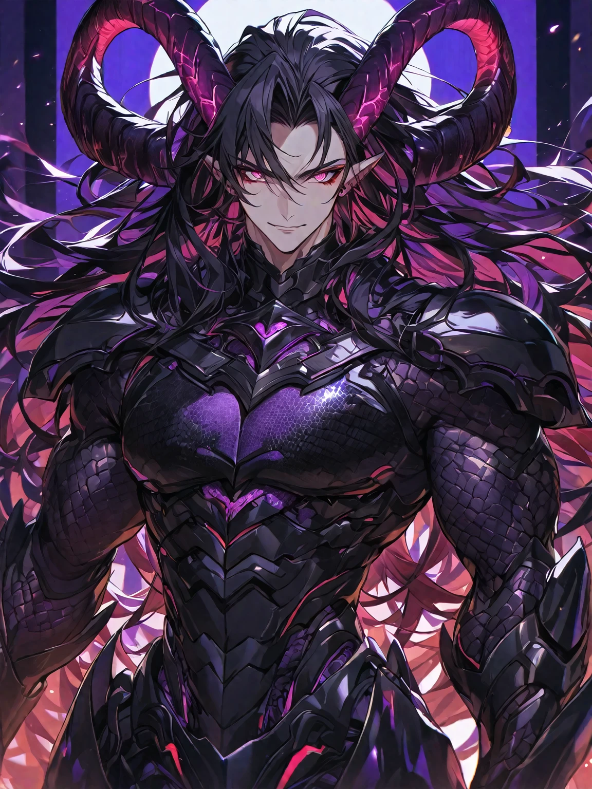 One, handsome, 1 man, with a sporty body, V-shaped body, black detailed armor with glowing purple details, black demonic horns, long hair, black hair, purple with red tones of reptile eyes, purple threads, black light