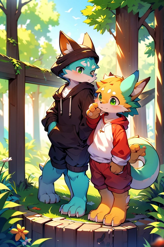 Furry,Fox,Dragon-like boy,8k resolution,最High resolution, High resolution,Wearing a hoodie,Green Eyes,summer,Stand on your feet,Two legs,Five fingers on a hand,Five toes,tall,:tall stature,fit,medium,Standard,green fur