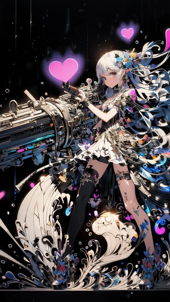An ultra-realistic and ultra-detailed, Extra- Vibrant, (Legendary Vivid Neon Multicolored Psychedelic Masterpiece), ((It Is RAINING Outside)), ((full body portrait)), (Dynamic Angle), best quality, (Angled View), 1girl, Holding A Massive Gun, She is a Gorgeous Caucasian lady, ringed silver eyes, Calm, thin body, slim waist, small breasts, (bare legs), Awesome Black Hair, a confident smile, beautiful, dramatic, (Multitude Of Stars), Rain Is Falling, ((an ultra-detailed background)), (beautiful eyes and face), highest possible resolution, 8k UHD, perfect anatomy, perfect fingers, Highly detailed scenery, Highly detailed background, perspective, depth of field, atmospheric