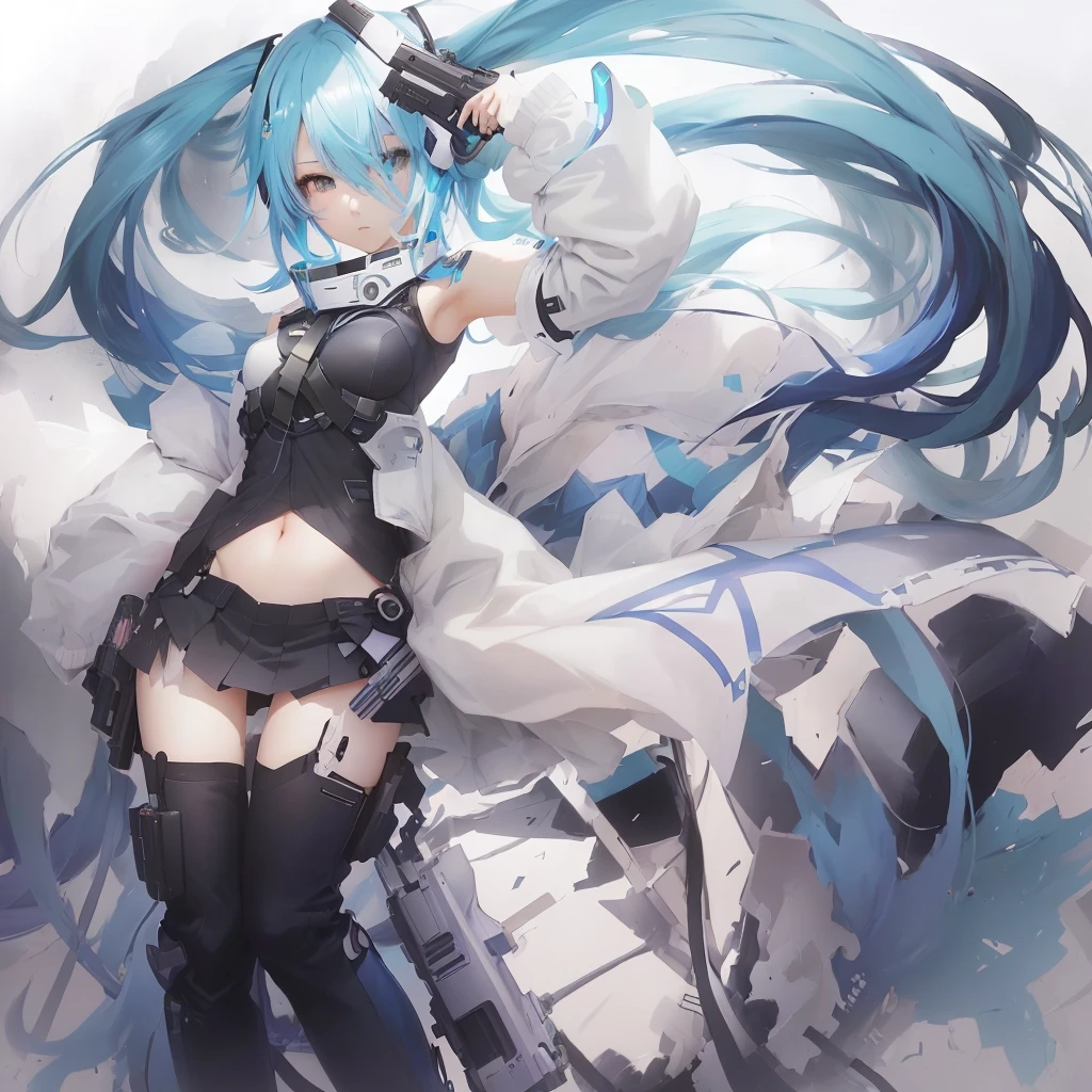 Blue hair and black pants、Anime girl holding a gun, Zerochan Art, digital art on Pixiv, Pixiv, by Shimo, High-resolution anime art, anime abstract art, Pixiv contest winner, HD artwork, Miku, Anime artwork, beautiful Anime artwork, hatsune Miku, Pixiv 3dcg, top rated on Pixiv