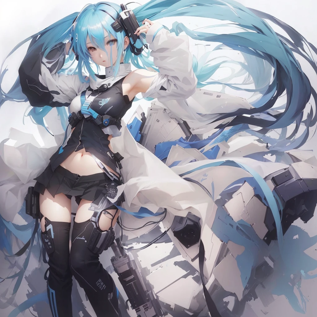 Blue hair and black pants、Anime girl holding a gun, Zerochan Art, digital art on Pixiv, Pixiv, by Shimo, High-resolution anime art, anime abstract art, Pixiv contest winner, HD artwork, Miku, Anime artwork, beautiful Anime artwork, hatsune Miku, Pixiv 3dcg, top rated on Pixiv