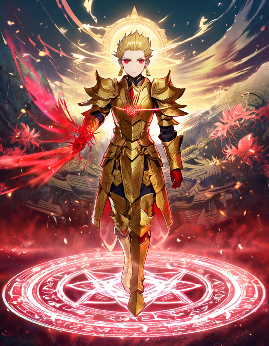 absurd resolution, high resolution, ultra detailed, detailed eyes, extremely detailed, HDR, 8K, Gilgamesh, blonde slicked up hair, expressive red eyes, Fate Extra ccc, solo, sexy man, handsome, armor, golden earrings, fantasy, cool, magical, mana, red magic circle, red glittering butterflies, red dust flying around, red spider lilies