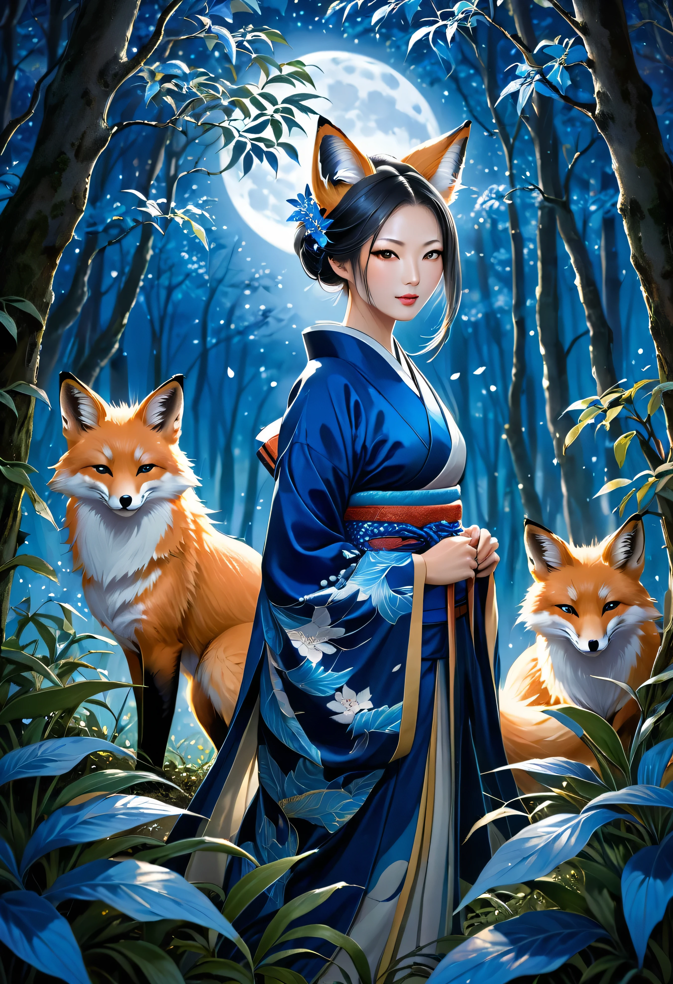 Masterpiece, Extremely detailed, beautiful, perfect face e, close distance shot, (A beautiful kitsune woman peering through the leaves in a dense forest) , {she is surrounded by motes of blue fire}, facing viewer, (dynamic pose) , fox ears, nine fox tails, traditional Japanese clothing. Japanese sandels, ((vegetation in the forground, dew, subject partially obscured by vegetation)) , ((moonlit night))
